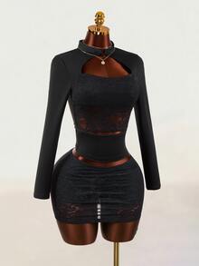 Mistrie Women's Sexy Cutout Streetwear Lace Patchwork Top - Black - View 5