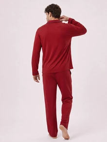 LUVLETTE Plus Size  Soft 100% Pure Cotton Red Basic Long Sleeve Button-Up Top & Pants Pajama Sets For Men Lounge With Pockets Pajamas Christmas & New Years - Red - View 9