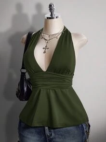 SHEIN ICON 大尺碼 V 領收腰 A 字版型露背黑色細肩帶背心，復古哥德性感 Y2K 掛脖娃娃上衣，夏季電音派對外出上衣 - 軍綠色 - 查看 6