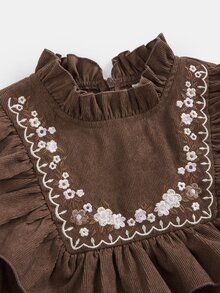 SHEIN 少女童裝燈芯絨荷葉領刺繡長袖洋裝，適合秋冬節日穿搭 - 咖啡棕 - 查看 6