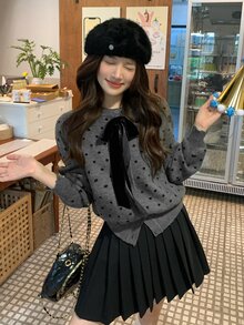 DAZY Cardigan Kasual Wanita Motif Polkadot dengan Hiasan Pita - Grey - View 6