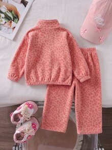 SHEIN 女童卡其棕豹紋保暖內裡兩件套，半拉鍊立領上衣 + 寬腿褲 - 彩色 - 查看 2