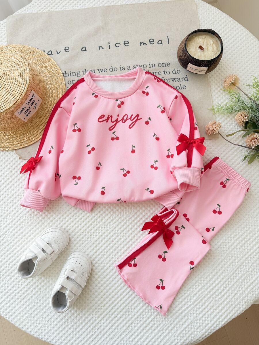 SHEIN LMoss Kids 女嬰櫻桃印花蝴蝶結裝飾運動衫與喇叭褲套裝 - 淺粉色 - 查看 1