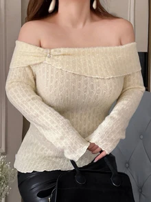 Dazy Plus Korean Style Off-Shoulder Ruffle Trim Long Sleeve T-Shirt For Girls Fall - Beige - View 6