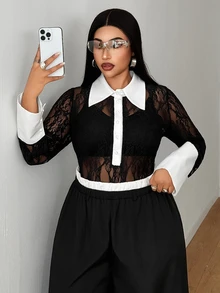 Maweii Women's Colorblock White Collar Bell Sleeve Long Sleeve Lace Bodysuit - Black - View 6
