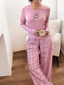 Napfluff Soft Pink Round Neck Top With Bear Print Long Sleeve + Loose Plaid Wide Leg Pants Casual Pajama Set, Can Be Worn Outdoors - Dusty Pink - View 6