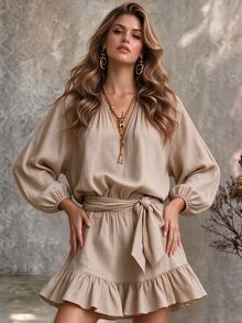 Ceyna Casual Boho Vintage Vacation Style Textured Linen-Feel V-Neck Loose Lantern Sleeve Dress, Relaxed Beach Brunch Travel Outfit - Khaki - View 6
