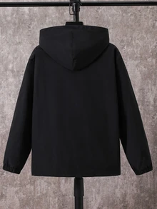 SHEIN 兒童青少年男孩休閒保暖內裡加厚連帽外套，適合通勤、上學、日常休閒、度假、旅行、運動，適用於秋冬季節，冬季外套，羽絨外套，填充外套 - 黑色 - 查看 3