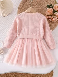 SHEIN Playful Pals 1件女童蝴蝶結裝飾圓領長袖網紗下擺洋裝，清新優雅時尚，可愛甜美，適合秋冬穿著 - 粉色 - 查看 2
