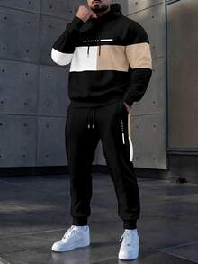 Manfinity Homme Men's Colorblock Letter Print Hoodie And Pants Casual Daily Set - Black - View 1