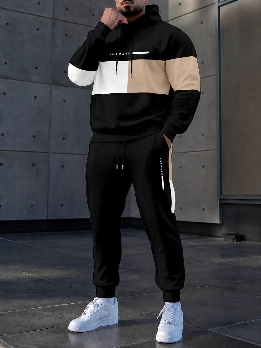 Manfinity Homme Men's Colorblock Letter Print Hoodie And Pants Casual Daily Set - Black - View 1