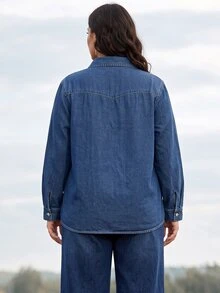 EMERY ROSE Winter Vintage Loose Fit Button Down Embroidered Denim Dark Blue Commute Office Warm Plus Size Denim Top For Women - Dark Wash - View 2