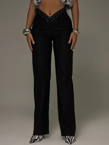 MUSERA Black Bengaline Eyelet V Waist Detail Flared Trousers Fall Autumn Winter Sexy Halloween Lace Black Going Out Instinct - Black - View 2
