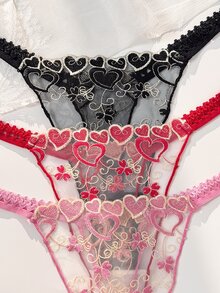 PetitDoll 3pcs/Set Women's Heart Embroidery Thong Panties, Sweet And Cute, Suitable For Various Outfit Scenarios, Soft And Comfortable, Suitable For Daily And All-Season Wear - Multicolor - View 4