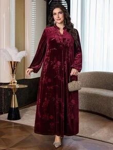 Al Najma Plus Size Women's Jacquard Button Half-Placket Arabic Style Dress - Burgundy - View 1