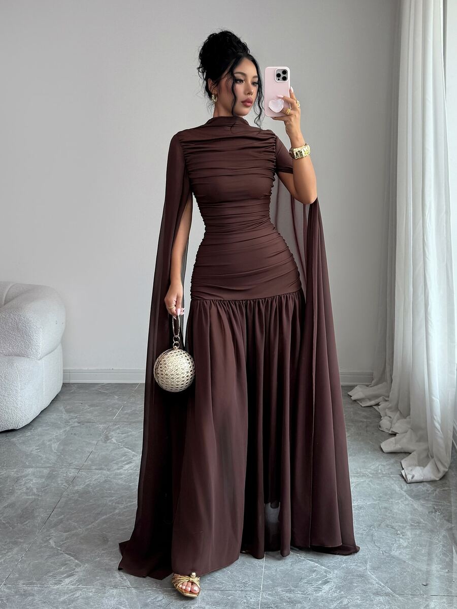 Elenzga Women's Elegant Romantic Party Gathering Chiffon Flowy Dress - Coffee - View 1