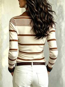 Glimmora Kaos Lengan Panjang Wanita Berkerah Motif Garis-Garis dengan Warna Kontras - MultiWarna - View 2