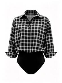 Olithes 大尺碼女款拼接格紋長袖休閒襯衫連身褲 - 彩色 - 查看 1