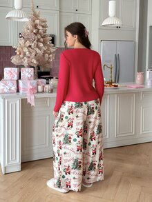 Slumberry CURVE Plus Size Women Solid Color Button Design Long Sleeve Top And Santa Claus Print Pants Pajama Set - Multicolor - View 4