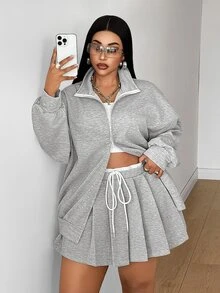 Maweii Plus-Size Sexy Gray Casual Hoodie And Pleated Skirt Two Pieces Set Fall - Grey - View 2