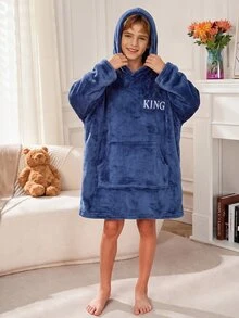 SHEIN 青少年男孩秋冬款精緻Logo圖案 KING Little King 標誌圖案連帽長袖袋鼠口袋抓絨長款睡褲 - 彩色 - 查看 5