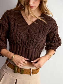 Willow Rêve Women's Brown V-Neck Jacquard Pullover Sweater - Brown - View 5