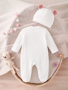 SHEIN 新生兒蝴蝶結圖案休閒日常外出連身衣睡衣 - 白色 - 查看 2