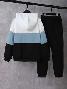 SHEIN 2件組兒童青少年男孩休閒日常百搭舒適寬鬆連帽前開襟秋季衛衣 + 對比色休閒運動長褲，抓絨 - 藍色 - 查看 2