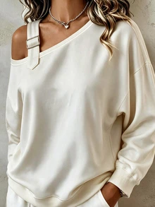 Glimmora New One-Shoulder Cold Shoulder Loose Casual Women's Sweatshirt - Apricot - View 4