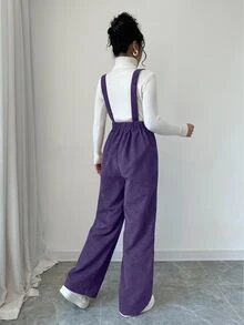 Elenzga Jumpsuit Tanpa Lengan dengan Tali Tebal Warna Polos untuk Wanita, Bahan Korduroi, Musim Gugur/Dingin - Purple - View 2