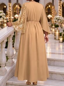 Fleurora Plus Size Women's Embroidered Mesh Flare Sleeve Elegant High-Low Hem Dress - Khaki - View 2