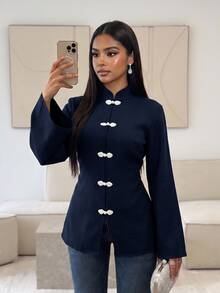 Veilorie Women's Solid Color Frog Button Design Long Sleeve Arabic Style Top - Navy Blue - View 3