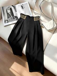 GlowEve CURVE Plus Size Women Asymmetrical Waist Metal Woven Wide Leg Pants - Black - View 3
