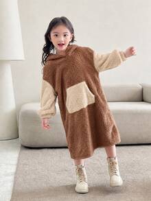 SHEIN 女童雙色口袋落肩泰迪毛絨衛衣洋裝，秋冬款 - 棕色 - 查看 5