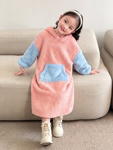 SHEIN 女童雙色口袋落肩泰迪毛絨運動衫洋裝，秋冬款 - 粉色 - 查看 4