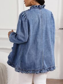 SHEIN CURVE+ Plus Size Women's Long Sleeve Double-Breasted Frill Trim Casual Denim Jacket - Blue - View 2