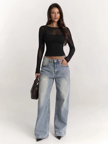 SHEIN BAE تي شيرت نسائي مثير بأسلوب الشارع من الشبك 2 في 1 بأكمام طويلة - الأسود - مشاهدة 3