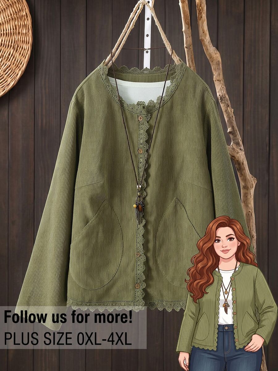 Rusticease Plus Size Fashion Lace Patchwork Button Jacket - Army Green - View 1