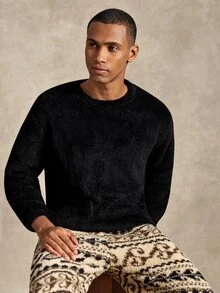EverLounge Men's Minimalist Basic Black Double-Sided Fleece Top & Pattern Fleece Long Pants Loungewear Set, Autumn/Winter - Multicolor - View 7