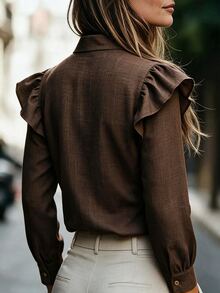 INAWLY Women's Solid Color Notch V-Neck Patchwork Ruffle Long Sleeve Blouse - Brown - View 2