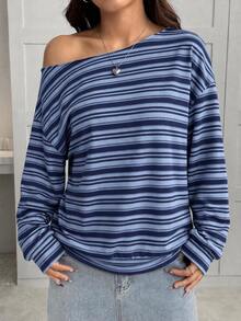 SHEIN EZwear 女款不對稱單肩寬鬆休閒極簡日常百搭派對機場穿搭 Y2K 上衣，藍色條紋，女款夏季穿搭，外出穿搭 - 彩色 - 查看 3