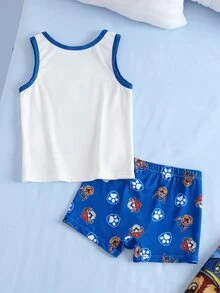 SHEIN | PAW Patrol Young Boy Letter Cartoon Print Colorblock Top And Shorts Set - Blue and White - View 2