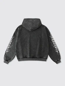 ROMWE MEN Men's Washed Distressed Printed Pattern Plus Size Hoodie - Black - View 3
