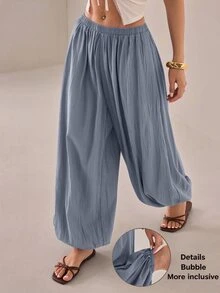 SHEIN PETITE 2026 女款春夏度假系列：優雅橄欖綠寬鬆喇叭褲，適合嬌小女性 - 藍色 - 查看 4