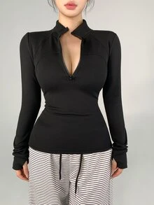 DAZY Women's Casual Half-Zip Long Sleeve Sports T-Shirt - Black - View 4