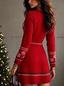 Linavere Women's Christmas Jacquard 3D Decorative Sweater Dress - Red - View 2