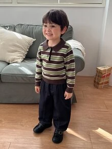 DAZY Infant (Boy) Turn-Down Collar Striped Korean Style Long Sleeve Autumn/Winter Sweater - Dark Green - View 4