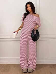 Siren Gaze Women's Striped Cold Shoulder Dropped Sleeve T-Shirt And Long Pants Casual Set - Pink - View 4