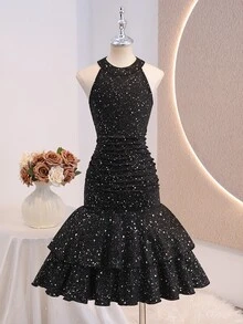 Tween Girl Glitter Print Ruffle Hem Halter Neck Fashion Dress - Black - View 2