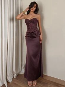 Glamine Đầm dài nữ ôm dáng thanh lịch, cúp ngực, phối ren tương phản và bèo nhún - Bụi vũ trụ đỏ - Xem 4